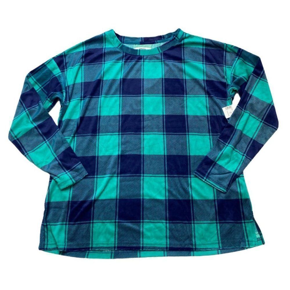 Womens Sonoma Green Blue Plaid Stretch Velvet Sleep Top‎ Sz Large NEW
